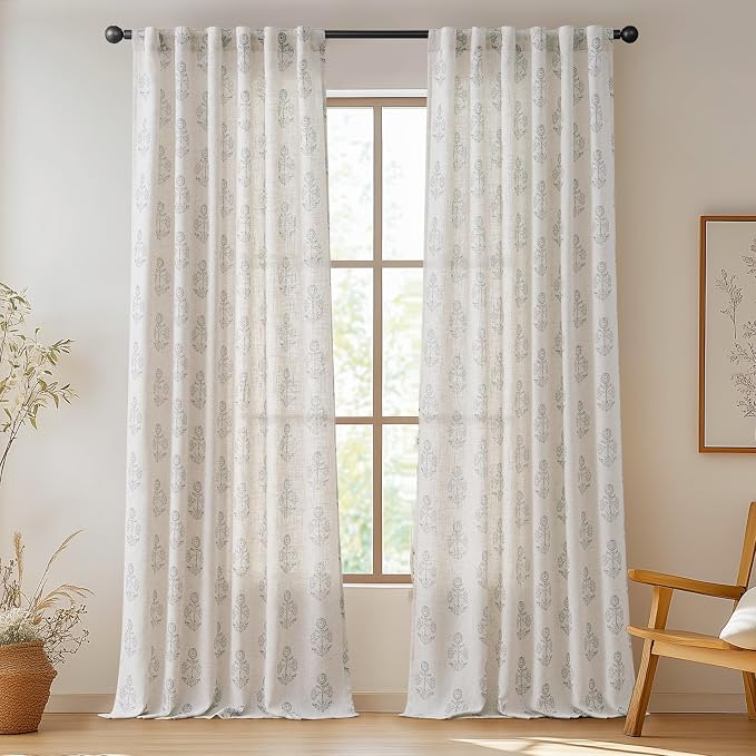 jinchan Linen Floral Curtains for Living Room 96 Inch Length Gray Flower - Image 2