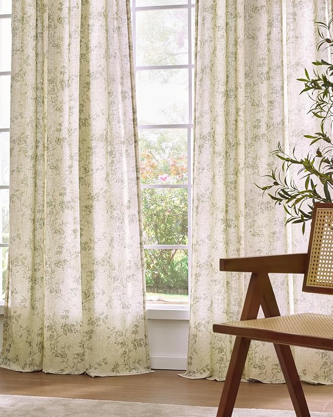 Lazzzy Farmhouse Linen Curtains Extra Long Green Floral Curtains 108 Inch - Image 8