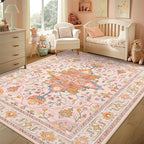 Area Rugs 5'x7' Washable Non-Slip, Floral Vintage Distress Print Pattern by RELEANY
