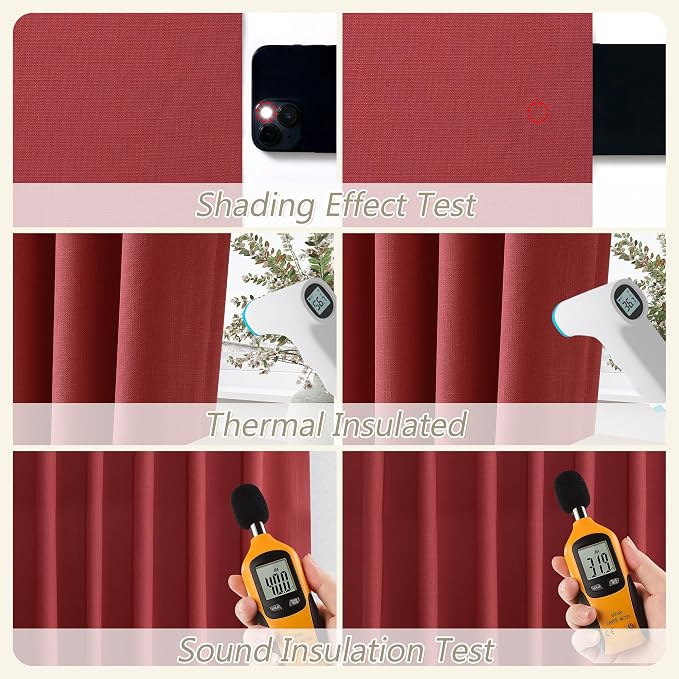 Guken Red 100% Blackout Linen Curtains 108 Inch Length 2 Panels Set - Image 5