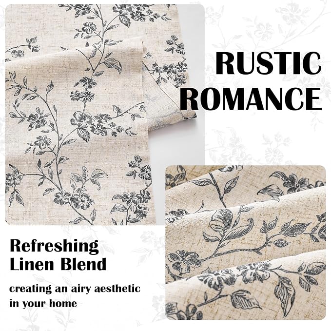 Lazzzy Farmhouse Linen Curtains Black Floral Curtains 63 Inch Length Back Tab - Image 4