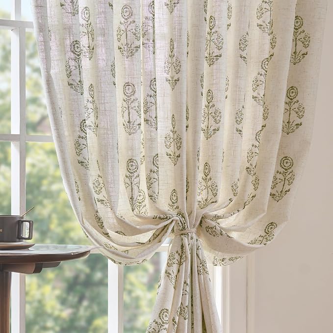 jinchan Linen Floral Curtains for Living Room 96 Inch Length Green Flower - Image 7