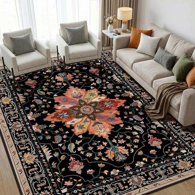 Area Rugs 5'x7' Washable Non-Slip, Floral Vintage Distress Print Pattern by RELEANY