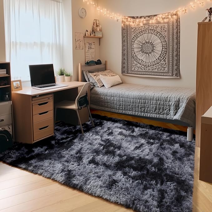 ONASAR Area Rugs for Bedroom Living Room, Fluffy Tie-Dyed Dark Grey 4x6 Indoor - Image 2