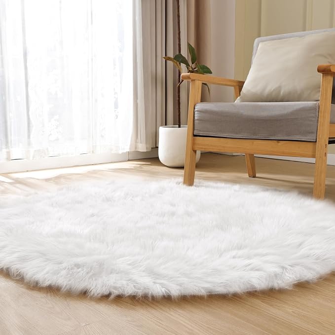 ORINOVA White Fluffy Faux Sheepskin Washable Fur Round Rug 5ft Nursery Rugs - Image 2
