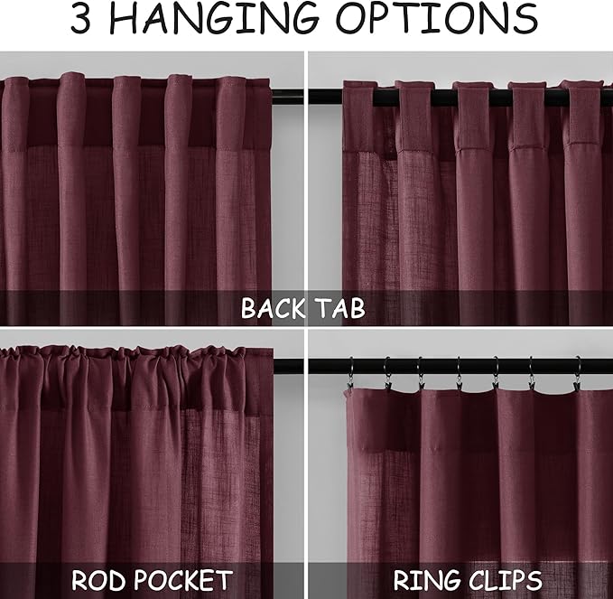 Nanspring Burgundy Linen Curtains Semi Sheer 96 Inches Long 2 Panels Set - Image 2