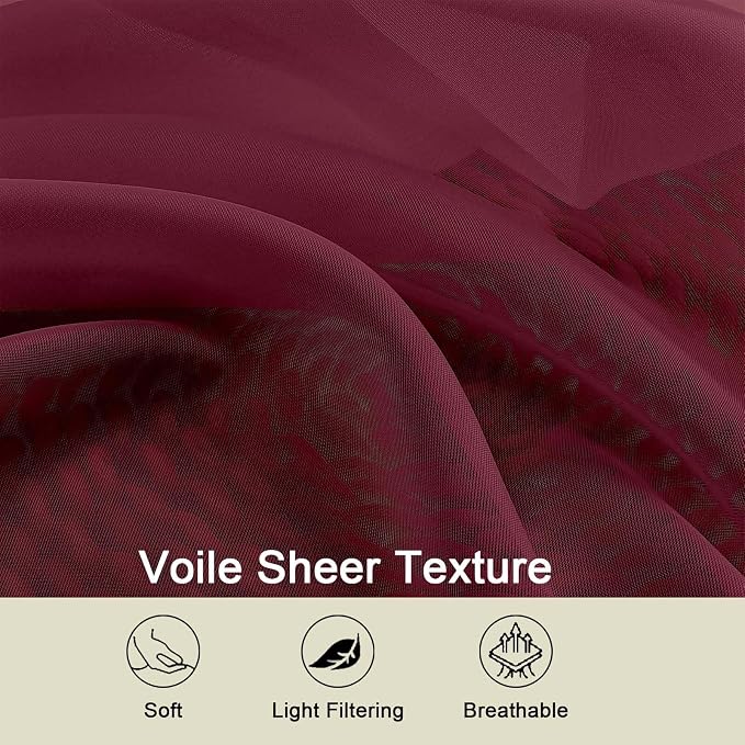 Burgundy Sheer Curtain for Bedroom Living Room 78 Inches Long 2 Panels Set - Image 3