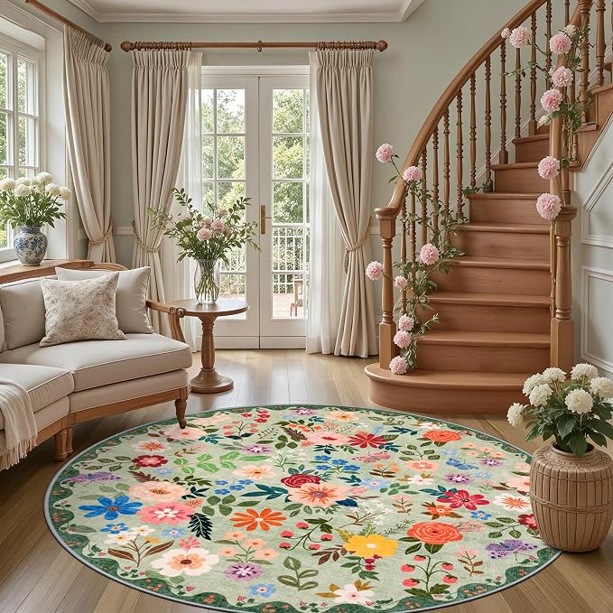 Round Area Rug for Living Room: 6 ft Floral Washable Circle Rug Soft Boho - Image 2