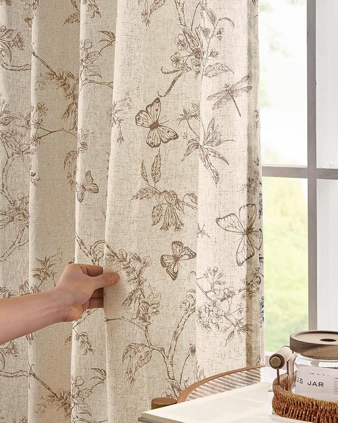jinchan Floral Linen Curtains for Living Room 96 Inch Length Butterfly Curtain - Image 3