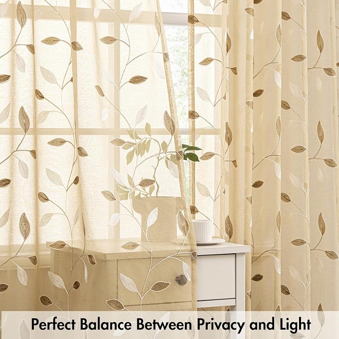 MIULEE Khaki Sheer Curtains 2 Panels Embroidered Leaf Patterned Rod Pocket - Image 5