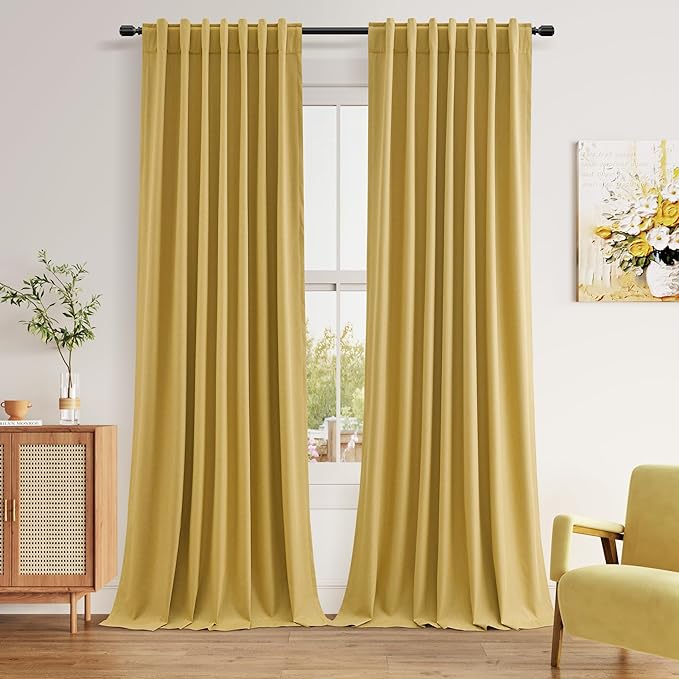 Gold 100% Blackout Linen Curtains 108 Inch Length 2 Panels Set by Guken