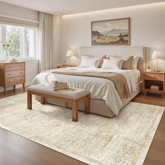 5x7 Area Rugs Beige Low Pile Indoor Washable Trendy Faded Style Floral Rugs - Image 9