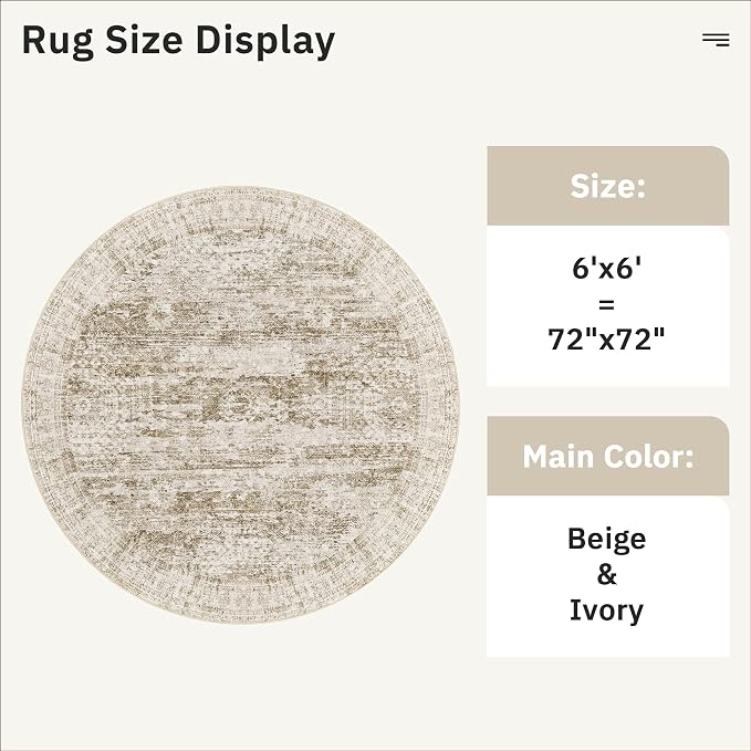6x6 Brown Round Rug 6ft Living Room Circle Rug Vintage Round Area Rug Non Slip - Image 5