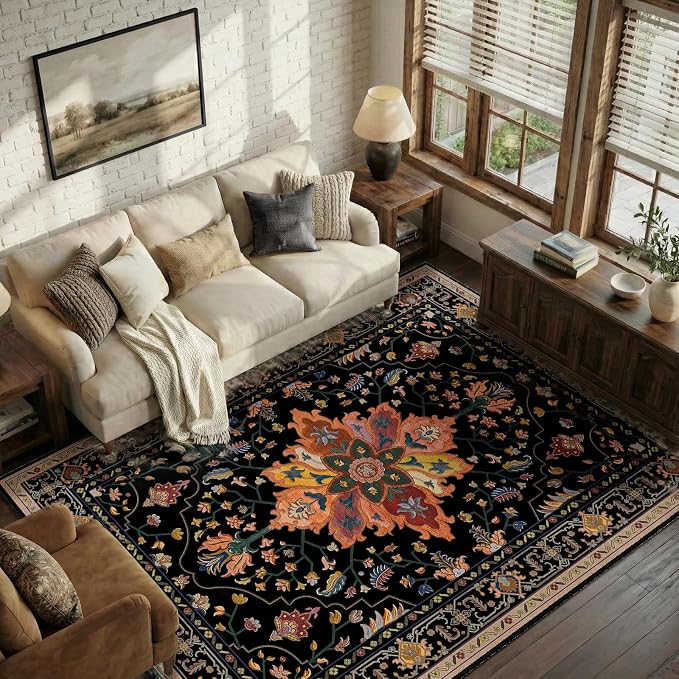 Area Rugs 5'x8' Washable Non-Slip, Floral Vintage Distress Print Pattern - Image 2