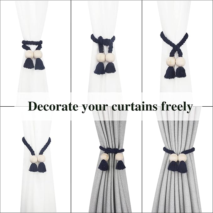 6 Pack Magnetic Curtain Tiebacks Cotton Hand Woven Tie Back Decorative Rope - Image 5
