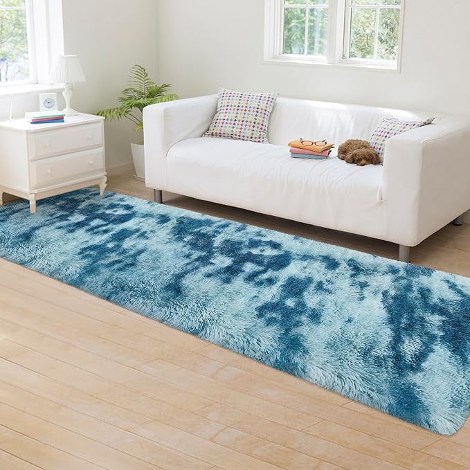 Super Soft Fluffy Living Room Area Rug 2x8 ft Tie-Dyed Light Blue Shaggy Furry - Image 3