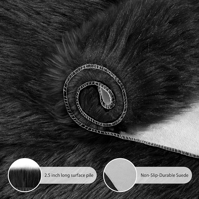 Ciicool Faux Sheepskin Rugs Soft Faux Fur Rugs Black Fluffy Chair Couch Cover - Image 4
