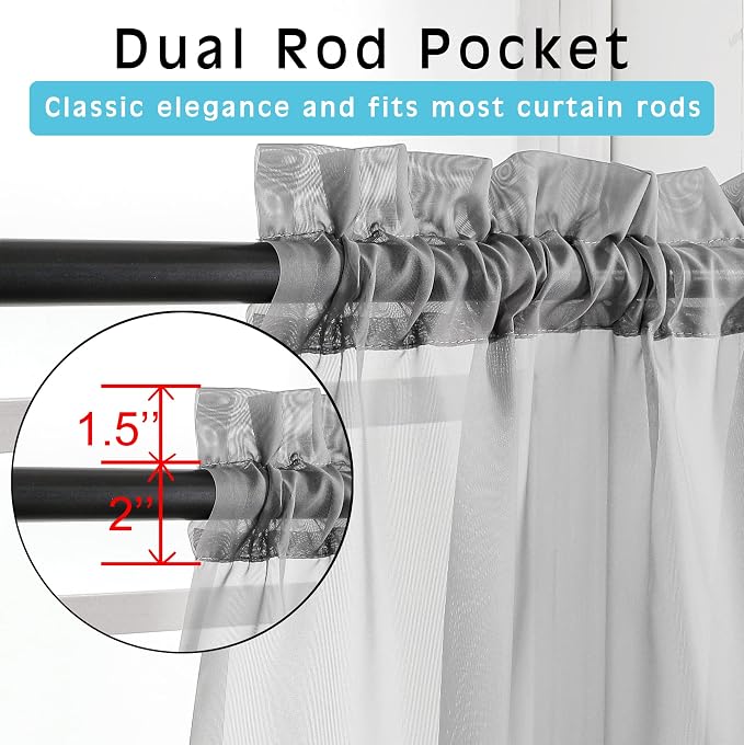 OVZME Charcoal Grey Sheer Curtains 36 inches Long, Short Kitchen Window - Image 2