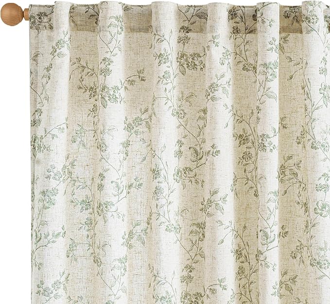 Lazzzy Farmhouse Linen Curtains Green Floral Curtains 96 Inch Length Back Tab by Lazzzy