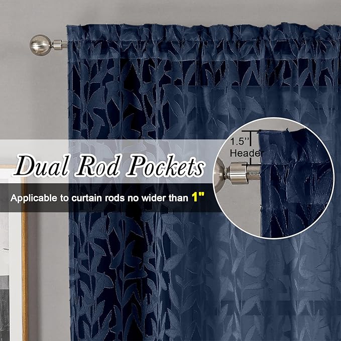 Lecloud Leia Navy Blue Sheer Kitchen Curtains 30 Inch Length 2 Pcs, Leaf - Image 5