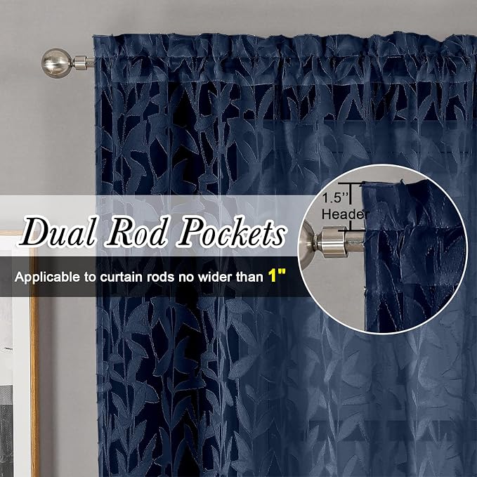 Lecloud Leia Navy Blue Sheer Curtains 90 Inches Long 2 Panels, Airy Leaf - Image 4