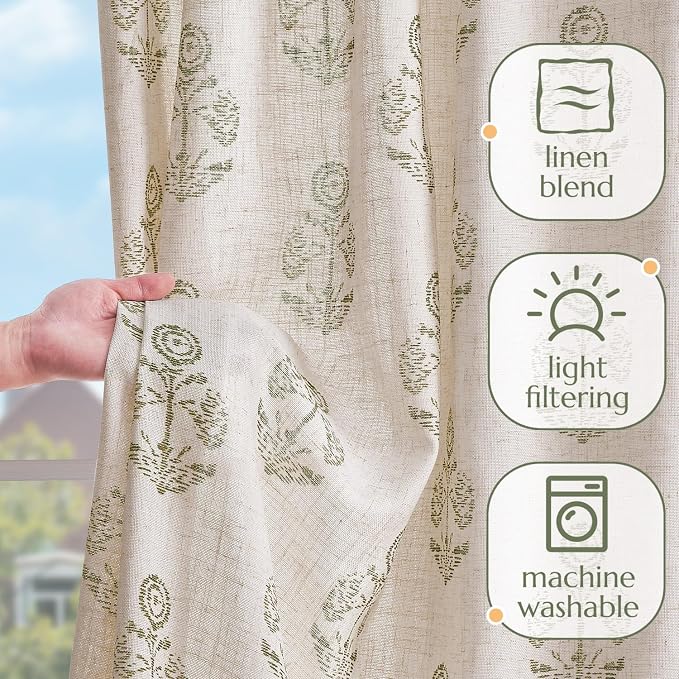 jinchan Linen Floral Curtains for Living Room 96 Inch Length Green Flower - Image 4