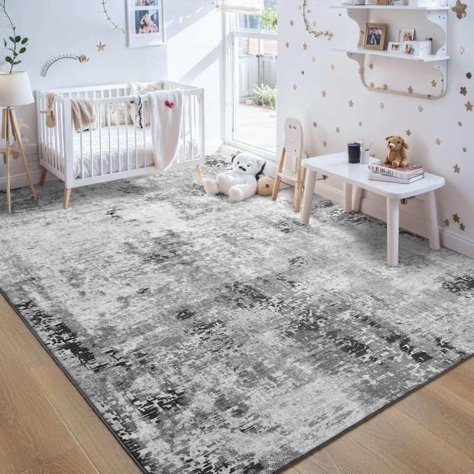 Living Room Rug 8x10 Gray Area Rugs Machine Washable Abstract Boho Large Rug - Image 3
