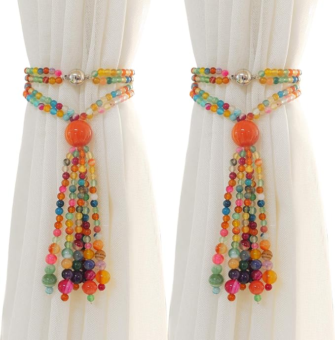Magnetic Curtain Tiebacks, 2 Pack Colorful Agate Tassel Curtain Drapery by PEDOBO