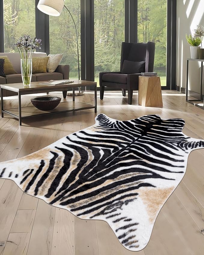 Zebra Print Rug for Living Room, Faux Fur Zebra Hide 5.2x7 Feet Animal Skin Rug by WARMHAVEN