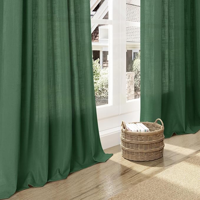 Nanspring Green Boho Curtains for Bedroom Back Tab Rod Pocket Semi Sheer Linen - Image 6