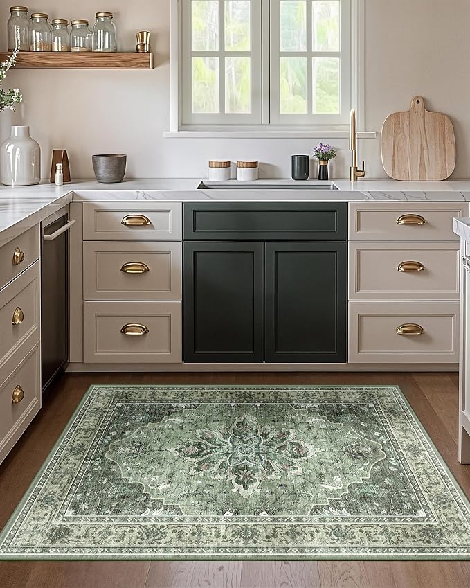 Area Rugs 3'x4' Washable Non-Slip, Floral Vintage Distress Print Pattern by RELEANY
