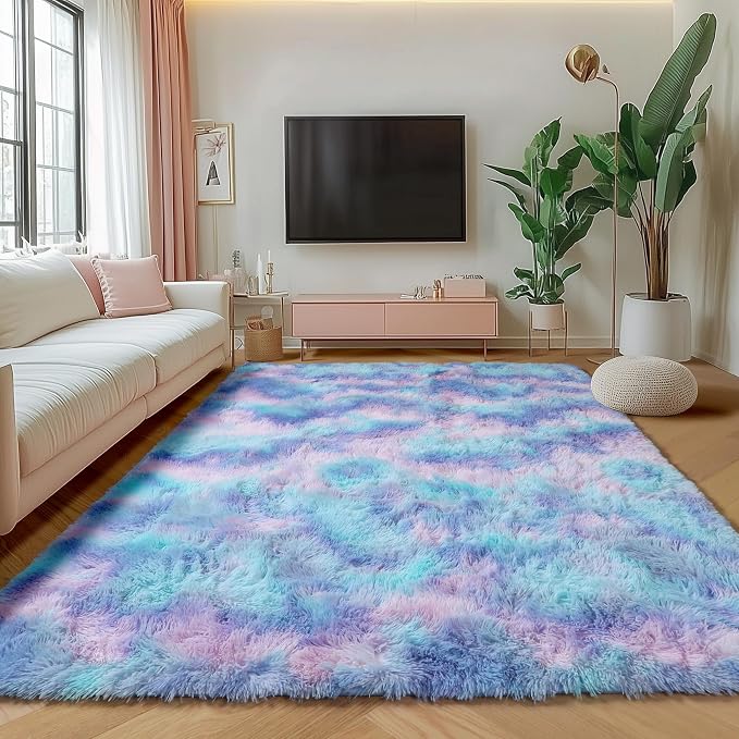 ONASAR Fluffy Area Rugs for Girls Bedroom, 4x6 Purple Rainbow Bedside Rug - Image 5