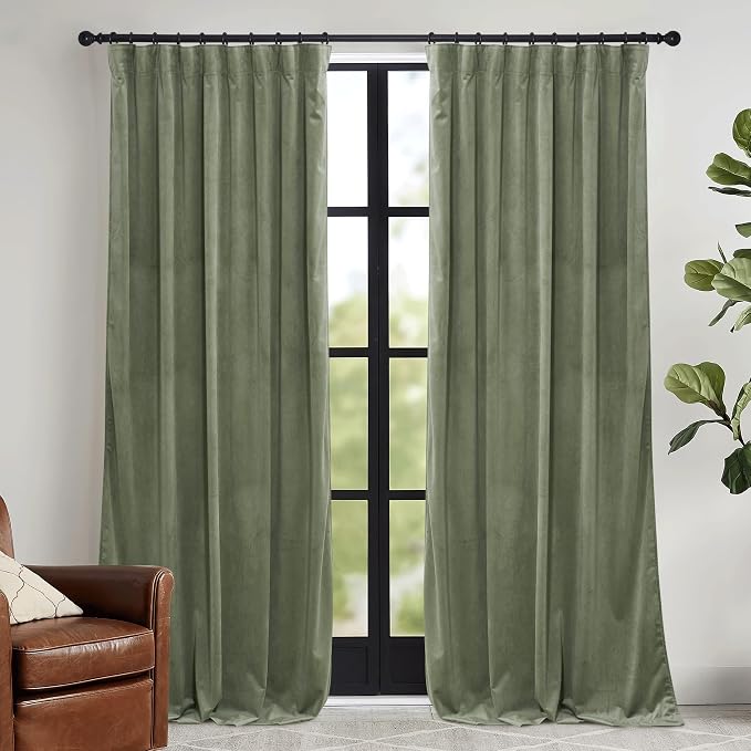 RYB HOME Sage Green Velvet Curtains 84 inches, Room Darkening Super Soft Velvet by RYBHOME