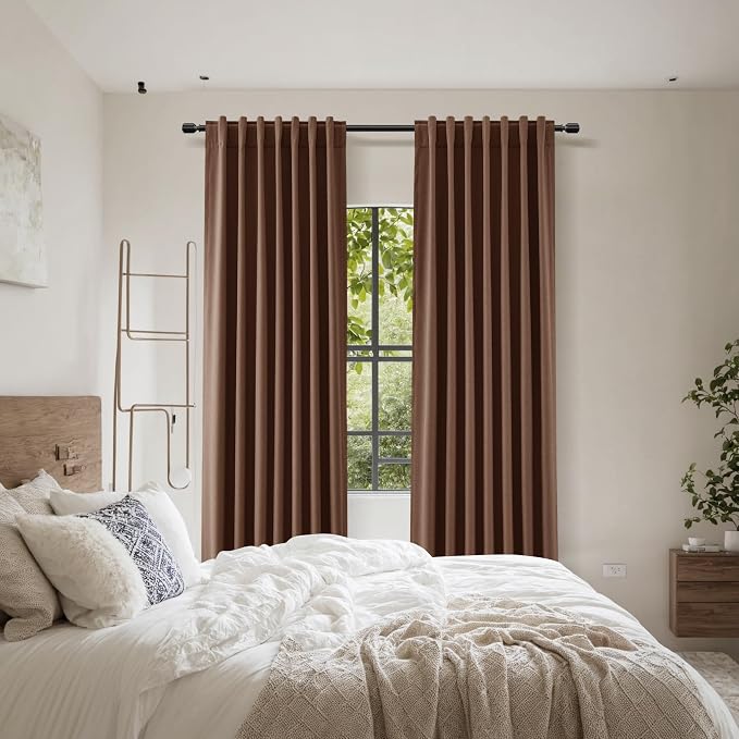 Rustic Brown 100% Blackout Linen Curtains 108 Inch Length 2 Panels Set - Image 8