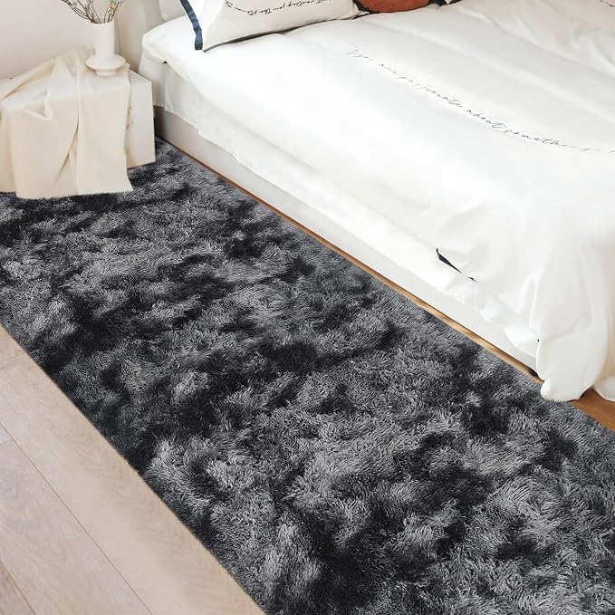 Tie-Dyed Runner Rug for Bedroom Black Grey 3x10ft Fluffy Area Rug Bedside - Image 5
