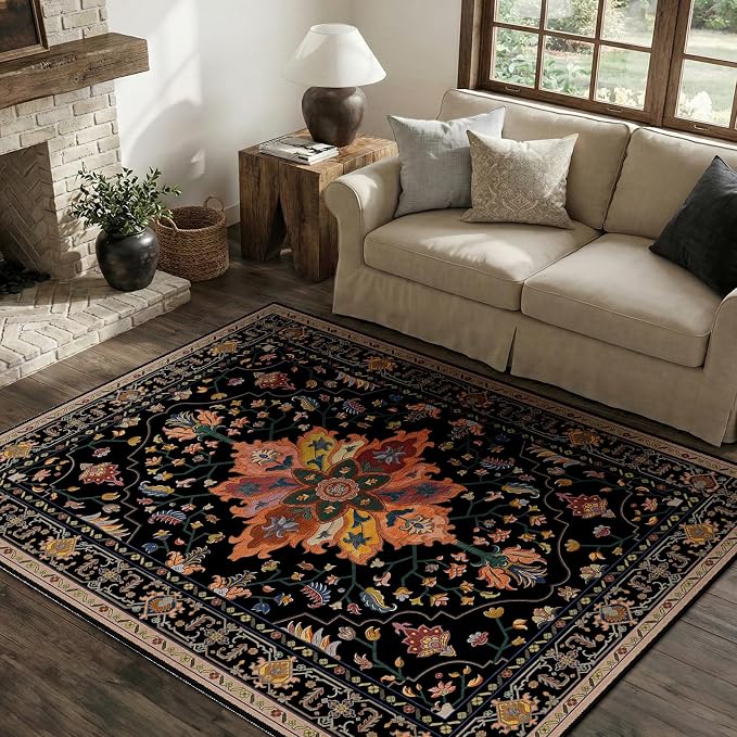 Area Rugs 4'x6' Washable Non-Slip, Floral Vintage Distress Print Pattern by RELEANY