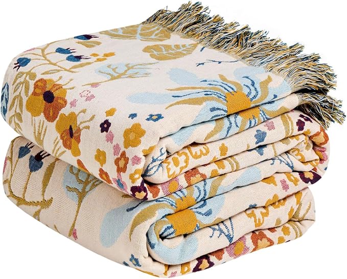 MSGKV Boho Throw Blanket for Couch 100% Cotton 50"x60" Floral Blanket Sofa by MSGKVHomeTextiles