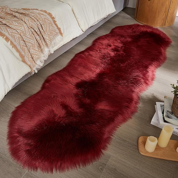AMTOVO Faux Sheepskin Rug, Burgundy Ultra Soft Fluffy Shag Area Rug, 2 x 6 ft - Image 9