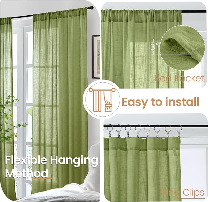 BGment Olive Green Linen Curtains 36 Inch Length - Image 6