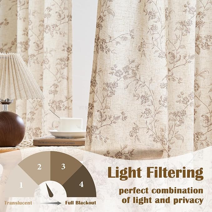 Lazzzy Taupe Floral Linen Curtains 84 Inch Farmhouse Back Tab Drapes - Image 3