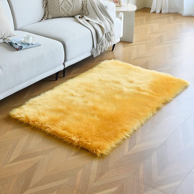 duduta Yellow Faux Sheepskin Fur Rug 3x5 ft, Fluffy Shag Bedroom Dorm Nursery - Image 5