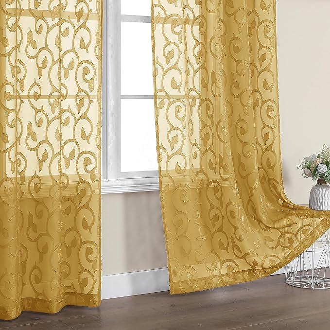 OWENIE Furman Gold Sheer Curtains 45 Inch Length 2 Panels Set - Image 7