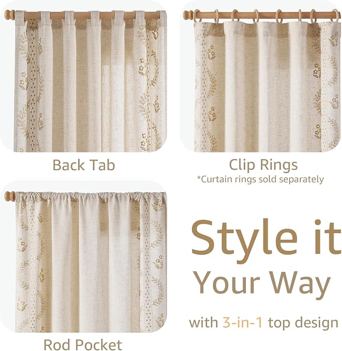 jinchan Belrose Linen Curtains for Bedroom Floral Curtains 63 Inch Length Linen - Image 4