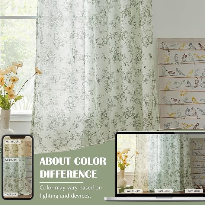 jinchan Linen Floral Curtains for Living Room 96 Inch Long Sage Green Printed - Image 5