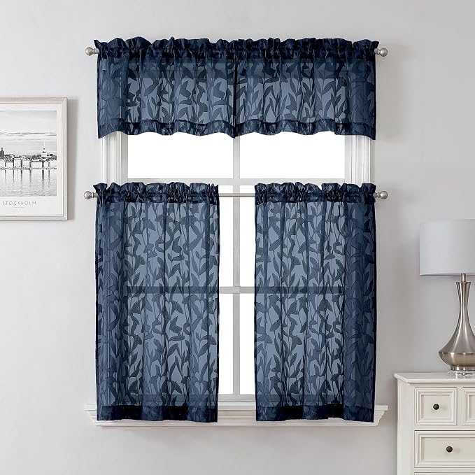 Lecloud Leia 2 PCS Navy Blue Kitchen Curtains 36 Inch Length, Lightweight Clip - Image 2