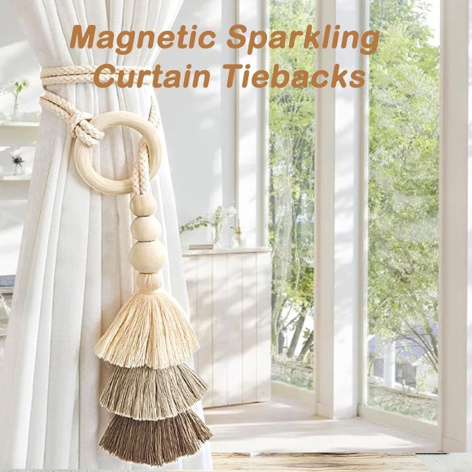 SRG Rope Curtain Tiebacks with Tassel Boho 2 PCS Handmade Wooden Ring Curtain - Image 5
