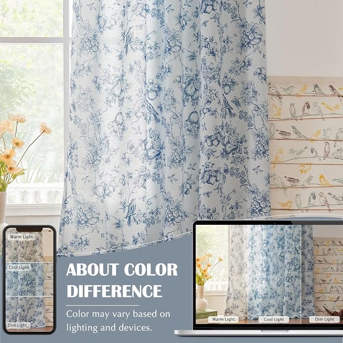 jinchan Linen Floral Curtains for Living Room 63 Inch Length Blue Printed - Image 5
