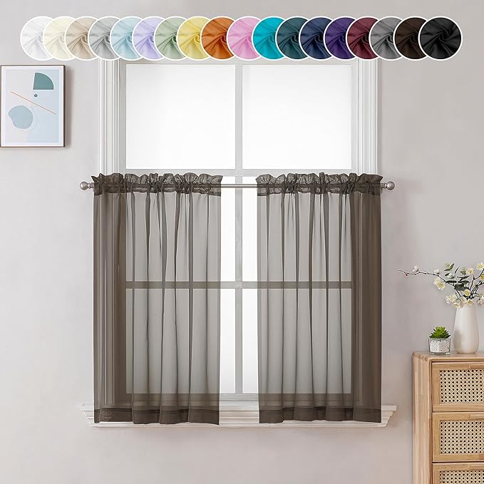 Chyhomenyc Sheer Chocolate Brown Tier Curtains 24 Inch Length, Small Window by Chyhomenyc