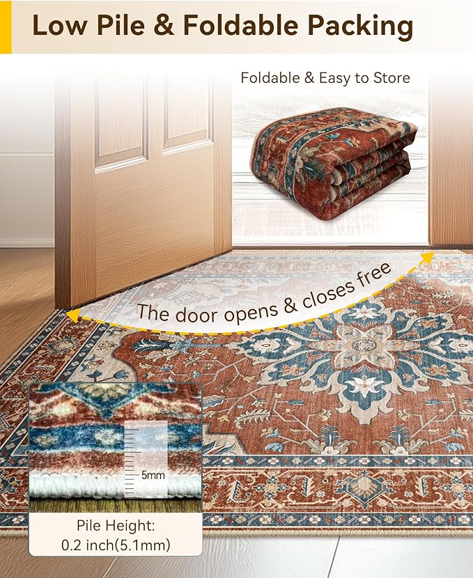Area Rugs Round 8ft Washable Non-Slip, Floral Vintage Distress Print Pattern - Image 3