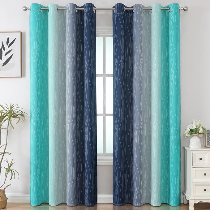 Estelar Textiler Navy Blue and Teal Gradient Blackout Curtains - Image 2